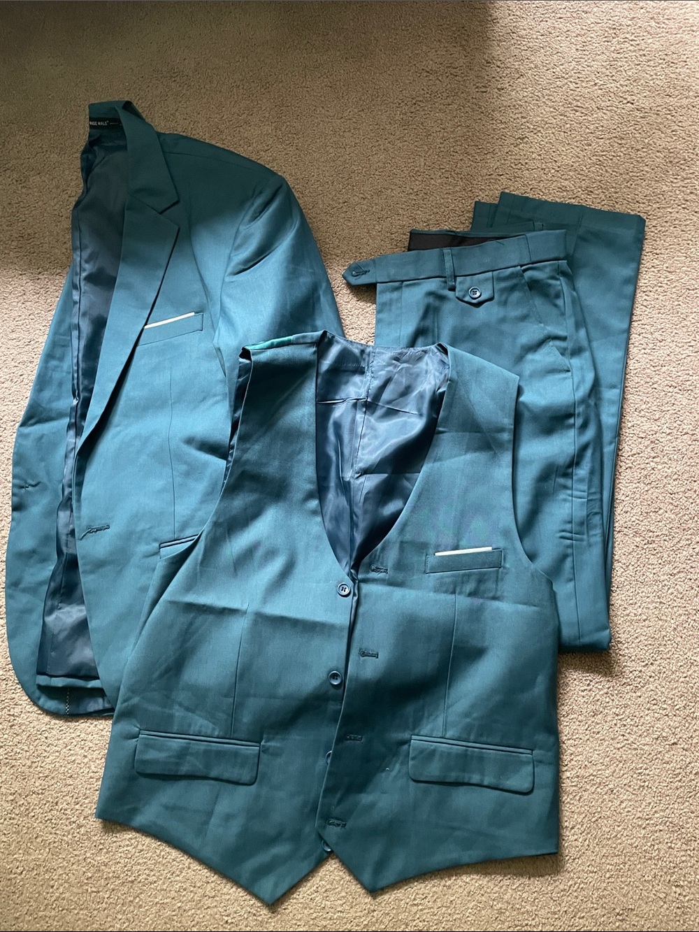 Teal Three-Piece Suit Vest Jacket Pants